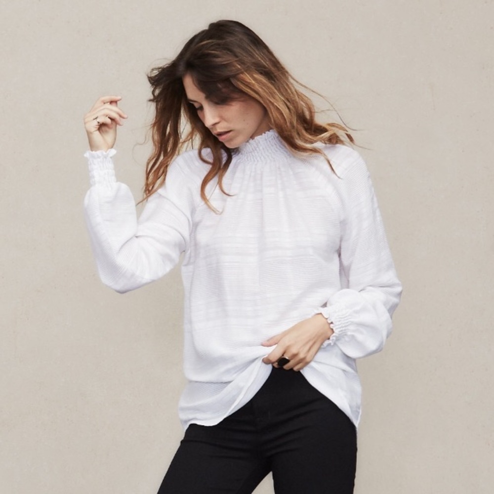 New Reformation White Giraffe High Neck Flowy Top